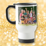 Create Custom Personalized Photo Text White Steel Travel Mug<br><div class="desc">Create your own custom, personalized, spill-proof, stainless steel, beverages travel / commuter photo mug, featuring elegant faux gold typography script, and two photos (one on each side). To personalize, simply add your favourite family / couple / kids / baby / pets / wedding / travel photo to both sides of...</div>