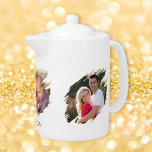 Create Custom Photo Text White Porcelain Teapot<br><div class="desc">Create your own custom, personalized, elegant black handwriting calligraphy typography script font, microwave and dishwasher safe, cool unique graffiti / torn photo effect white porcelain teapot. To customize, simply type in your text, and add 3 of your favourite family / couple / kids / baby / pets / wedding /...</div>