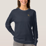 Create Custom Womens Gold Monogram Navy Blue Embroidered Long Sleeve T-Shirt<br><div class="desc">Create your own custom, personalized, comfortable, casual, loose fitting, pre-shrunk 100% cotton, tagless, womens embroidered monogram / initials long-sleeve navy blue heavyweight t-shirt. Simply type in your initial / monogram, to customize. Makes a great custom gift, for sister, daughter, mother, wife, girlfriend, grandma, godmother, goddaughter, grandmother, granddaughter, bride, bridesmaid, niece,...</div>