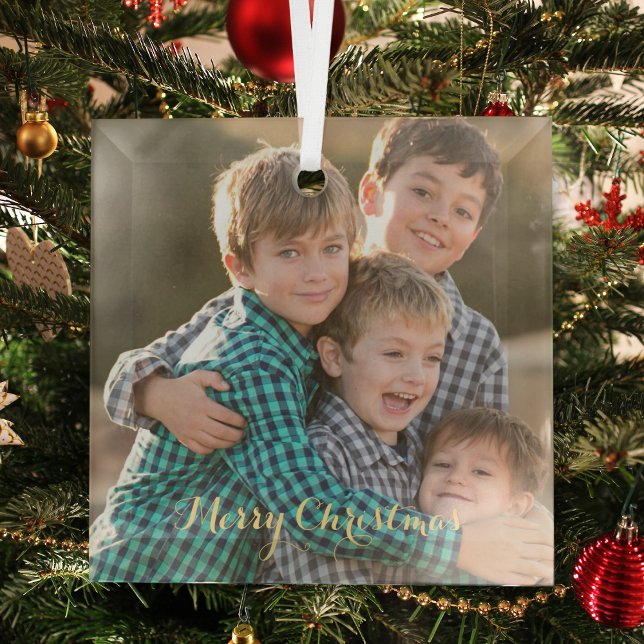 Create Family Photo Elegant Gold Script Christmas Glass Ornament (Create Family Photo Elegant Gold Script Christmas Glass Ornament)