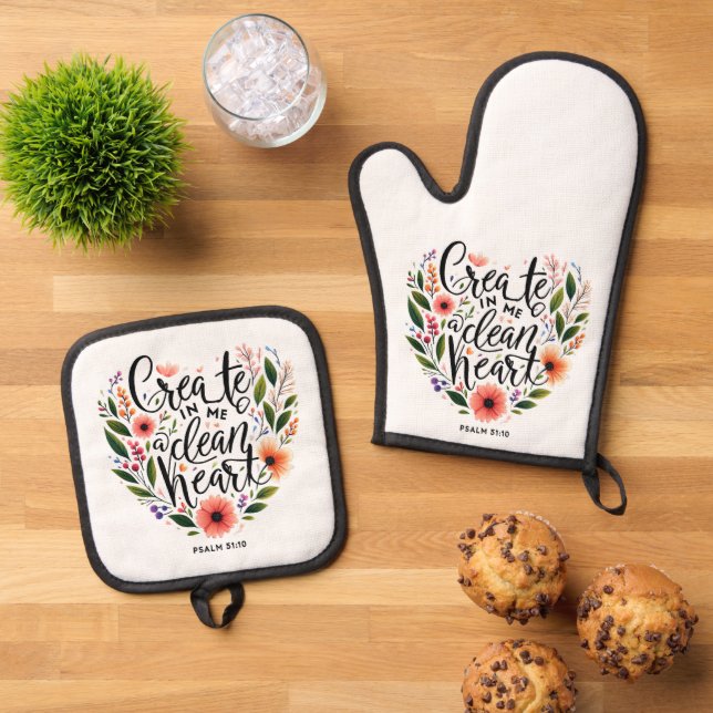 Create in Me a clean Heart floral Oven Mitt & Pot Holder Set (Top Down)