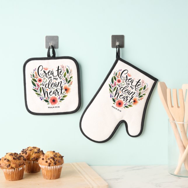 Create in Me a clean Heart floral Oven Mitt & Pot Holder Set (Insitu(Hanging))