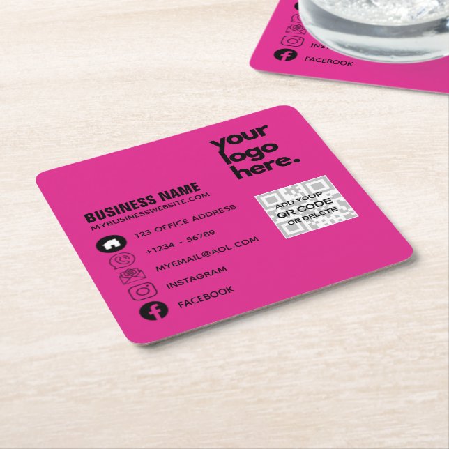 Create Own CERISE PINK QR CODE Business Card Logo  Square Paper Coaster (Angled)