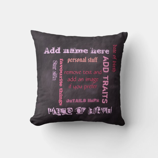 Create own chalkboard word cloud cushion, pink/blk throw pillow (Front)