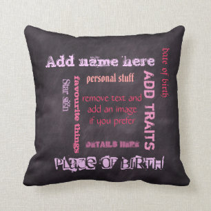 Create own chalkboard word cloud cushion, pink/blk throw pillow