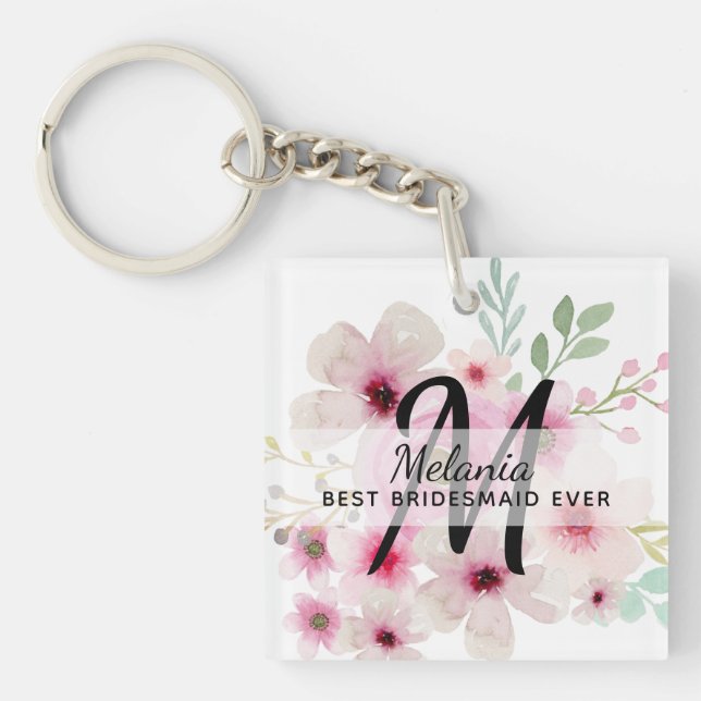 Create Own PINK BLUSH FLORAL BOHO BridalParty Gift Keychain (Front)