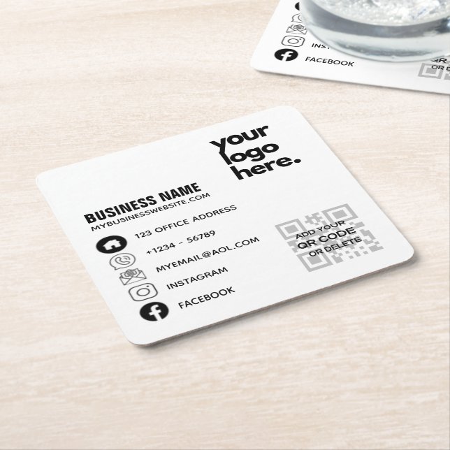 Create Own QR Code Business Logo Social Media ID Square Paper Coaster (Angled)