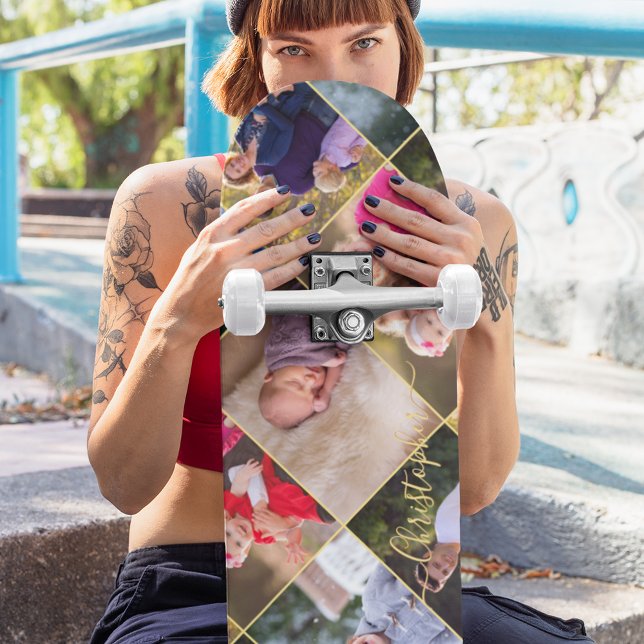 Create Personalized 5 Photo Collage Gold Monogram Skateboard (Create Personalized 5 Photo Collage Gold Monogram Skateboard)
