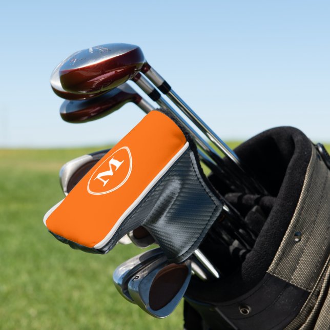 Create Personalized Orange White Monogram Putter Golf Head Cover (In Situ)