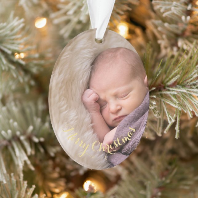 Create Personalized Oval Photo Gold Text Christmas Ornament (Tree)