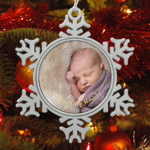Create Personalized Photo Gold Text Baby's First Snowflake Pewter Christmas Ornament