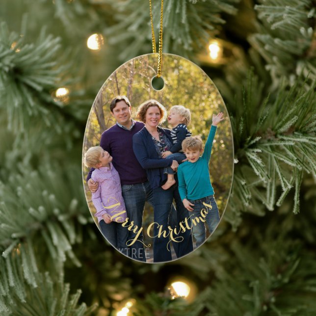 Create Personalized Photo Gold Text Oval Christmas Ceramic Ornament (Tree)