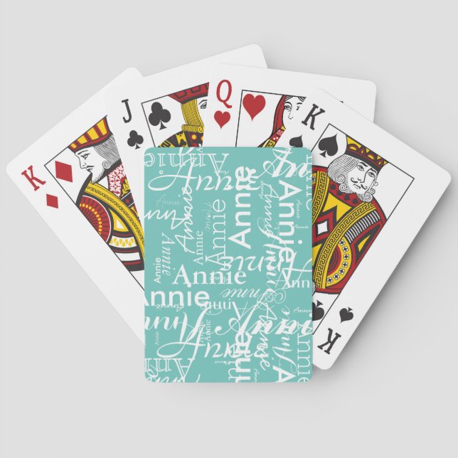 Create Personalized White Names allover Teal-Blue Playing Cards (Back)