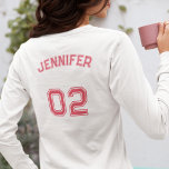 Create Pink Player Name Jersey Number Long Sleeve T-Shirt<br><div class="desc">Create your own custom, personalized, cool stylish girly pink typography / font / script, monogrammed player name jersey number, comfortable, casual, durable, loose fitting, preshrunk 100% cotton, womens basic crewneck heavyweight long-sleeve t-shirt. Simply type in your name / player name and player jersey number, to customize. Makes a great gift...</div>