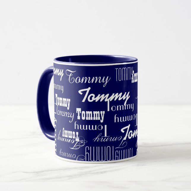 Create Repeated Blue Name Pattern Mug (Front Left)