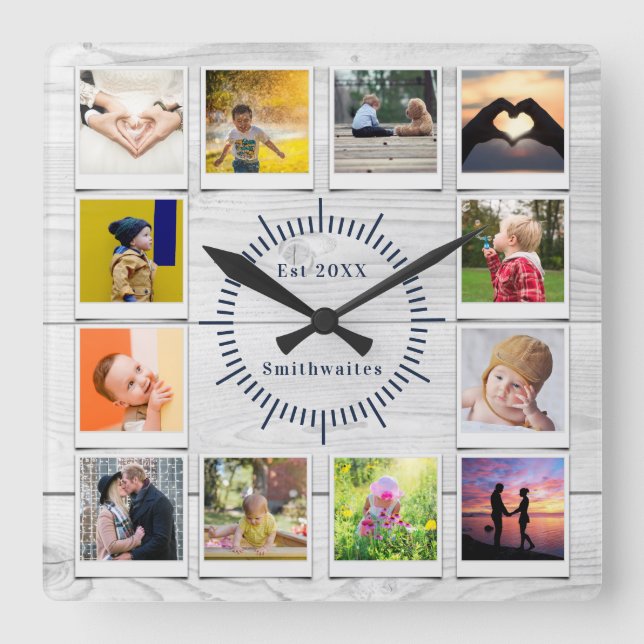 Create You own Photo Collage Rustic Farmhouse Grey Square Wall Clock (Front)