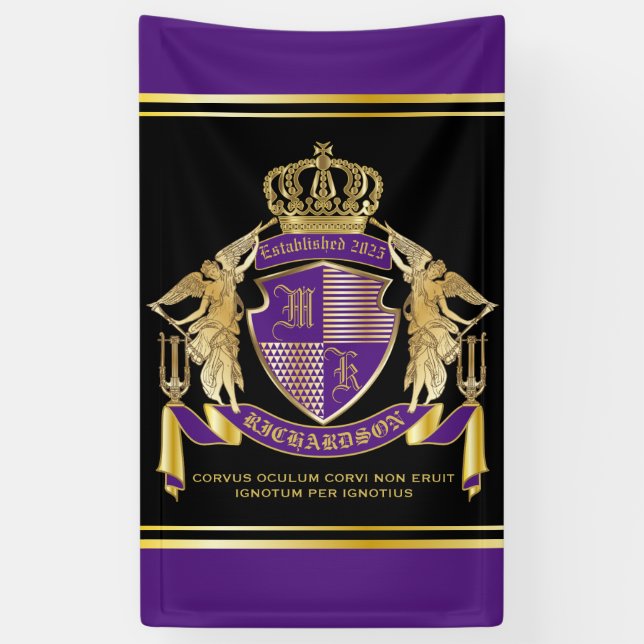 Create Your Coat of Arms Purple Gold Angel Emblem Banner (Vertical)