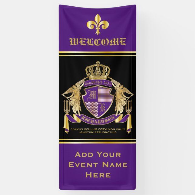 Create Your Coat of Arms Purple Gold Angel Emblem Banner (Vertical)