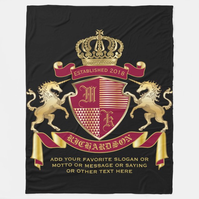 Create Your Coat of Arms Red Gold Unicorn Emblem Fleece Blanket (Front)