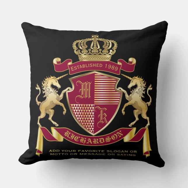Create Your Coat of Arms Red Gold Unicorn Emblem Throw Pillow (Front)
