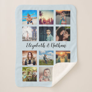 Create Your Custom 12 Family Photo Collage Blue Sherpa Blanket
