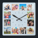 Create Your Custom 12 Photo Collage Memories Blue Square Wall Clock<br><div class="desc">Create your own personalized 12 photo photo collage wall clock with your custom images. Add your favourite photos, designs or artworks to create something really unique. To edit this design template, upload your own image as shown above. You can even add more text or images, customize fonts and background colour....</div>