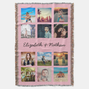 Create Your Custom 12 Photo Collage Memories Pink Throw Blanket