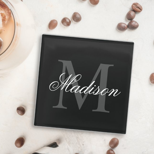 Create Your Custom Name Monogram Calligraphy Black Glass Coaster (Creator Uploaded)