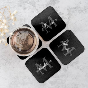 Create Your Custom Name Monogram Calligraphy Black Square Paper Coaster