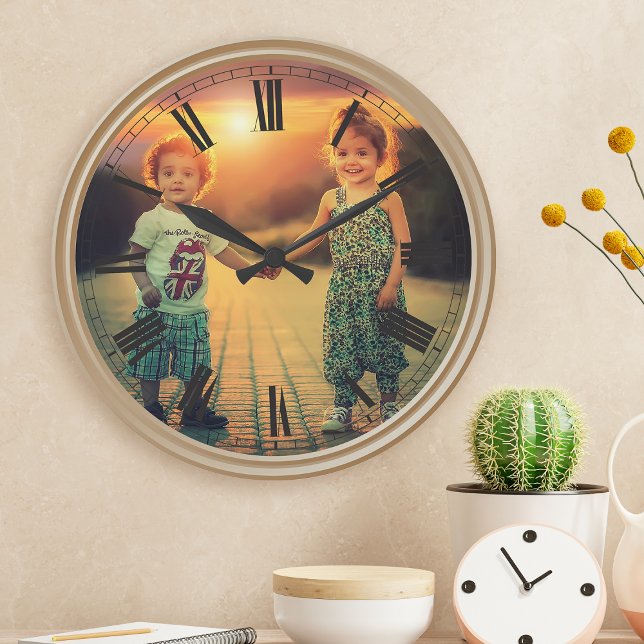 Create Your Custom Photo Brown Classy Elegant Round Clock (Creator Uploaded)