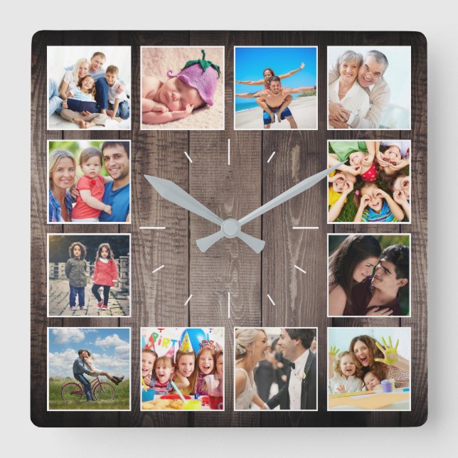 Create Your Custom Photo Collage Rustic Farmhouse Square Wall Clock (Front)