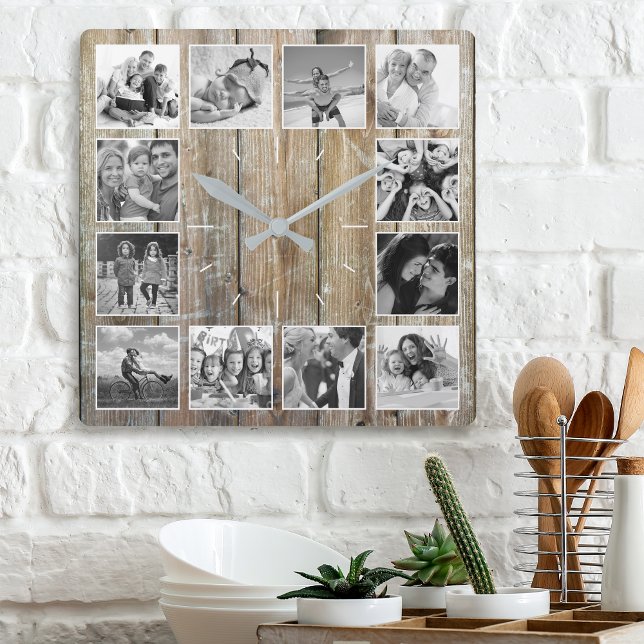 Create Your Custom Photo Collage Rustic Farmhouse Square Wall Clock (Creator Uploaded)
