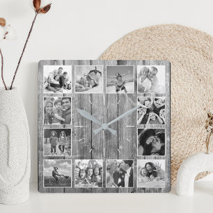 Create Your Custom Photo Collage Rustic Farmhouse Square Wall Clock