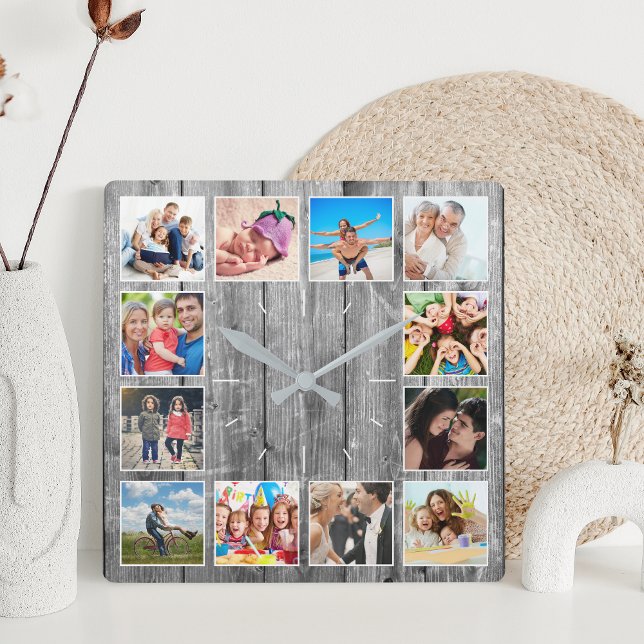 Create Your Custom Photo Collage Rustic Farmhouse Square Wall Clock (Creator Uploaded)