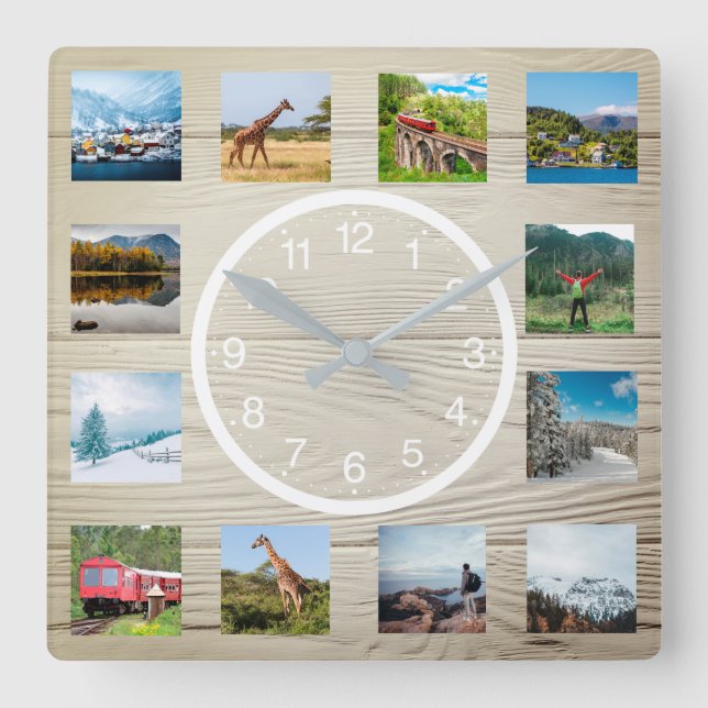 Create Your Custom Photo Collage Rustic Nature Square Wall Clock (Front)