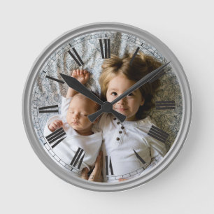 Create Your Custom Photo Grey Classy Elegant Round Clock