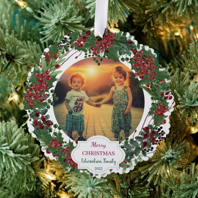 Create your Merry Christmas family photo christmas Ornament Card (Insitu (Tree))