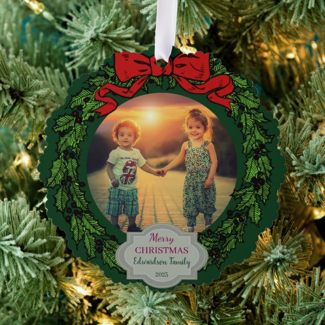 Create your Merry Christmas family photo christmas Ornament Card (Insitu (Tree))