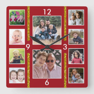 Create Your Own 10 Family Photo Collage Red Square Wall Clock