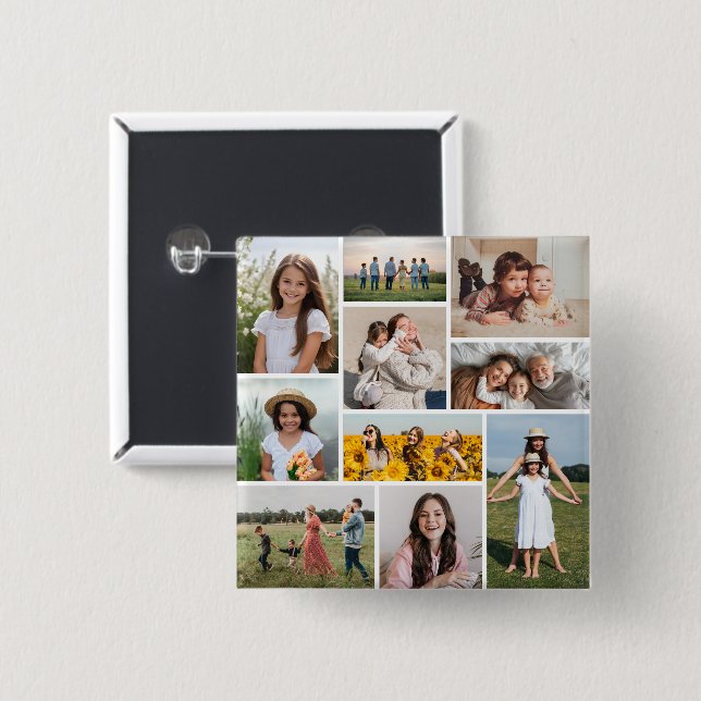 Create Your Own 10 Photo Collage 2 Inch Square Button (Front & Back)