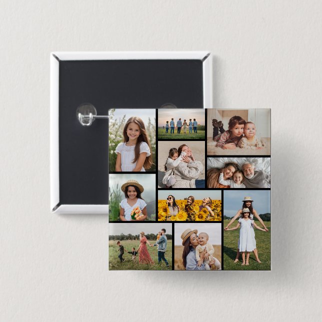 Create Your Own 10 Photo Collage 2 Inch Square Button (Front & Back)