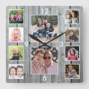 Create Your Own 10 Photo Collage Gray Wood Square Wall Clock