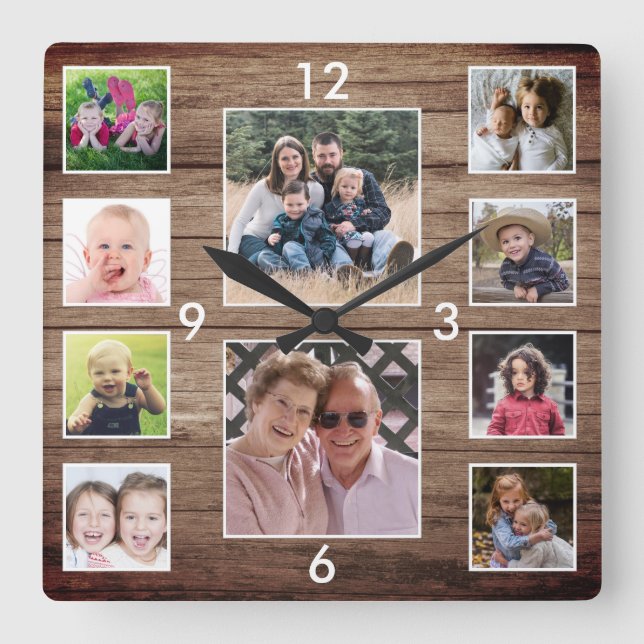 Create Your Own 10 Photo Collage Rustic Wood Square Wall Clock (Front)