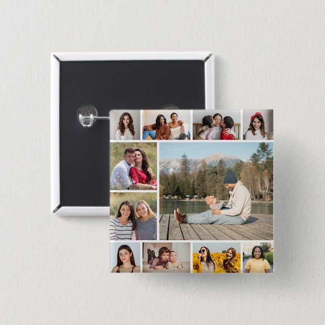 Create Your Own  11 Photo Collage 2 Inch Square Button (Front & Back)