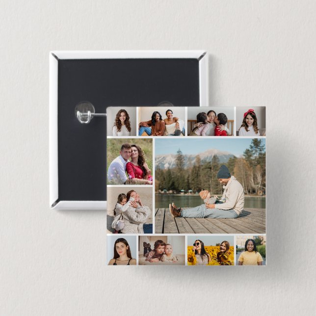 Create Your Own  11 Photo Collage 2 Inch Square Button (Front & Back)