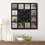 Create Your Own 12 Family Kids Photo Collage Black Square Wall Clock<br><div class="desc">Create your own photo collage wall clock with 12 of your favourite pictures. The photo frame clock helps you treasure your special moments and also makes a thoughtful gift for parents, grandparents and friends. The personalized family clock makes it a perfect keepsake gift for all occasions.</div>
