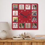 Create Your Own 12 Family Kids Photo Collage Red Square Wall Clock<br><div class="desc">Create your own photo collage wall clock with 12 of your favourite pictures. The photo frame clock helps you treasure your special moments and also makes a thoughtful gift for parents, grandparents and friends. The personalized family clock makes it a perfect keepsake gift for all occasions.</div>
