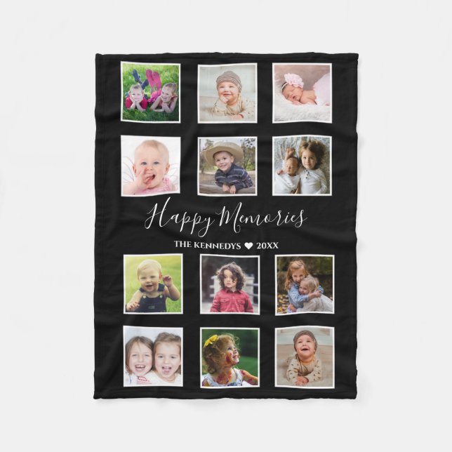 Create Your Own 12 Family Photo Collage Black Fleece Blanket (Front)