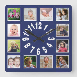 Create Your Own 12 Family Photo Collage Blue Square Wall Clock