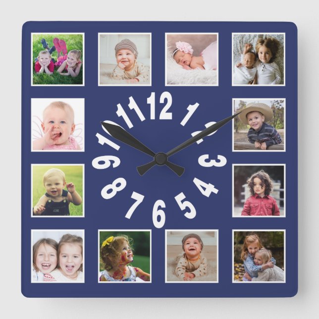 Create Your Own 12 Family Photo Collage Blue Square Wall Clock (Front)